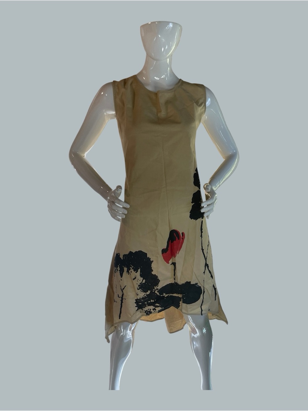 Sleeveless Tan Mini Asymmetrical Dress with Black Floral Print and Red Accent